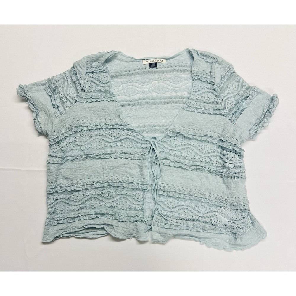 American Eagle Lace Tie Front Top Size Small Sheer Baby Blue Coquette